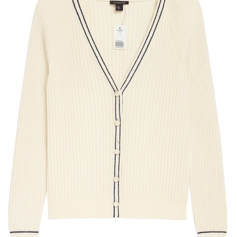 Talbots V-Neck Pearl Button Cardigan – Cream with Black Tipping Size M NWT $119